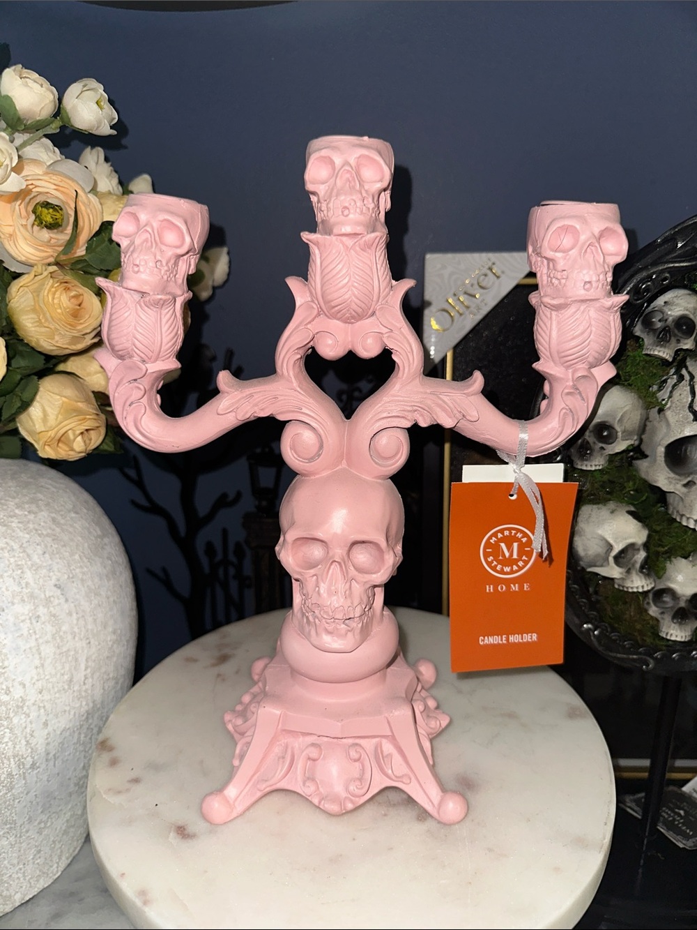 Martha Stewart Pink Skull Candelabra Candle Holder - Three-Arm Gothic Accent